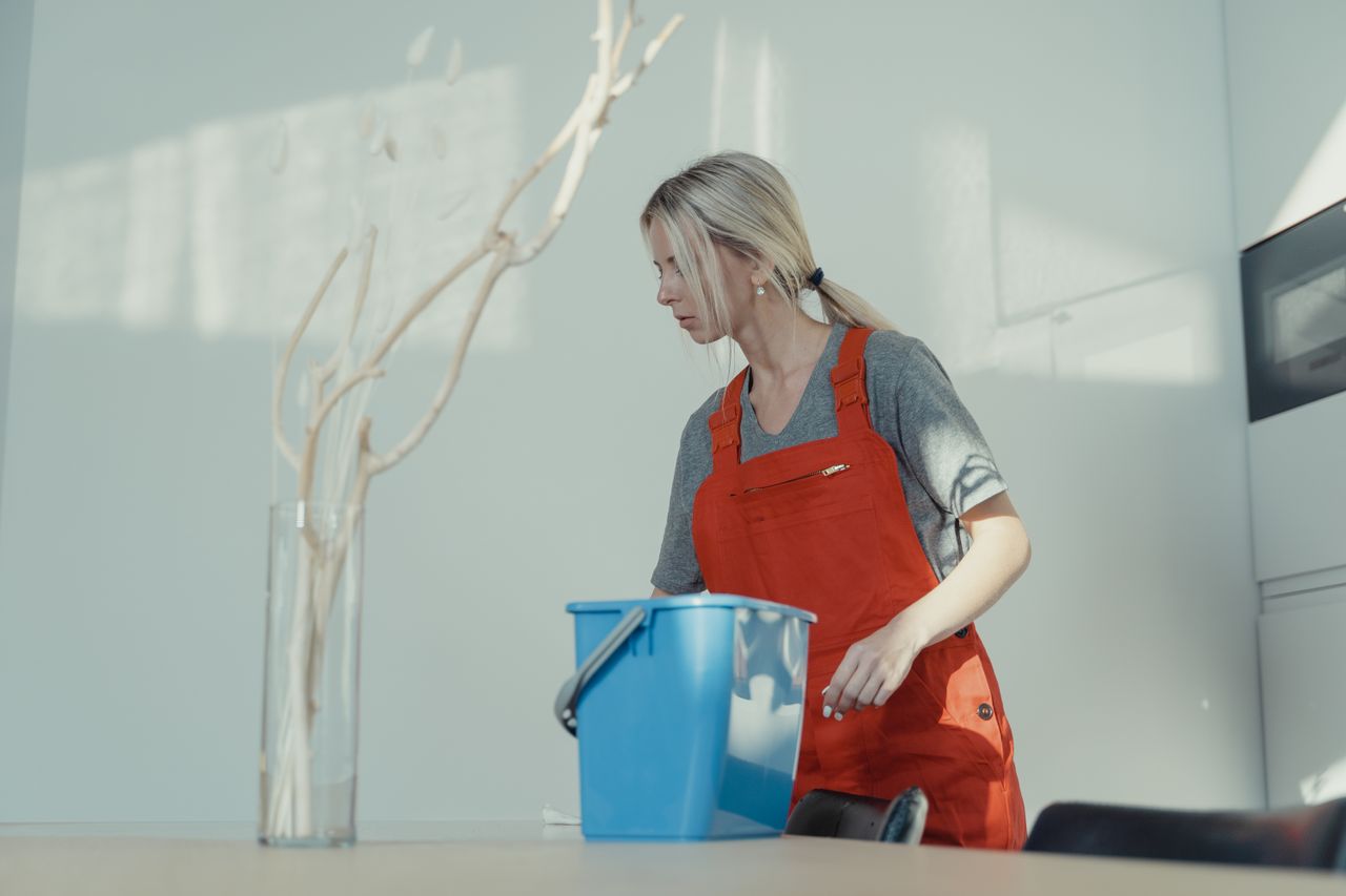 services-02 A woman in a red uniform is cleaning inside with a blue bucket, keeping the environment spotless.